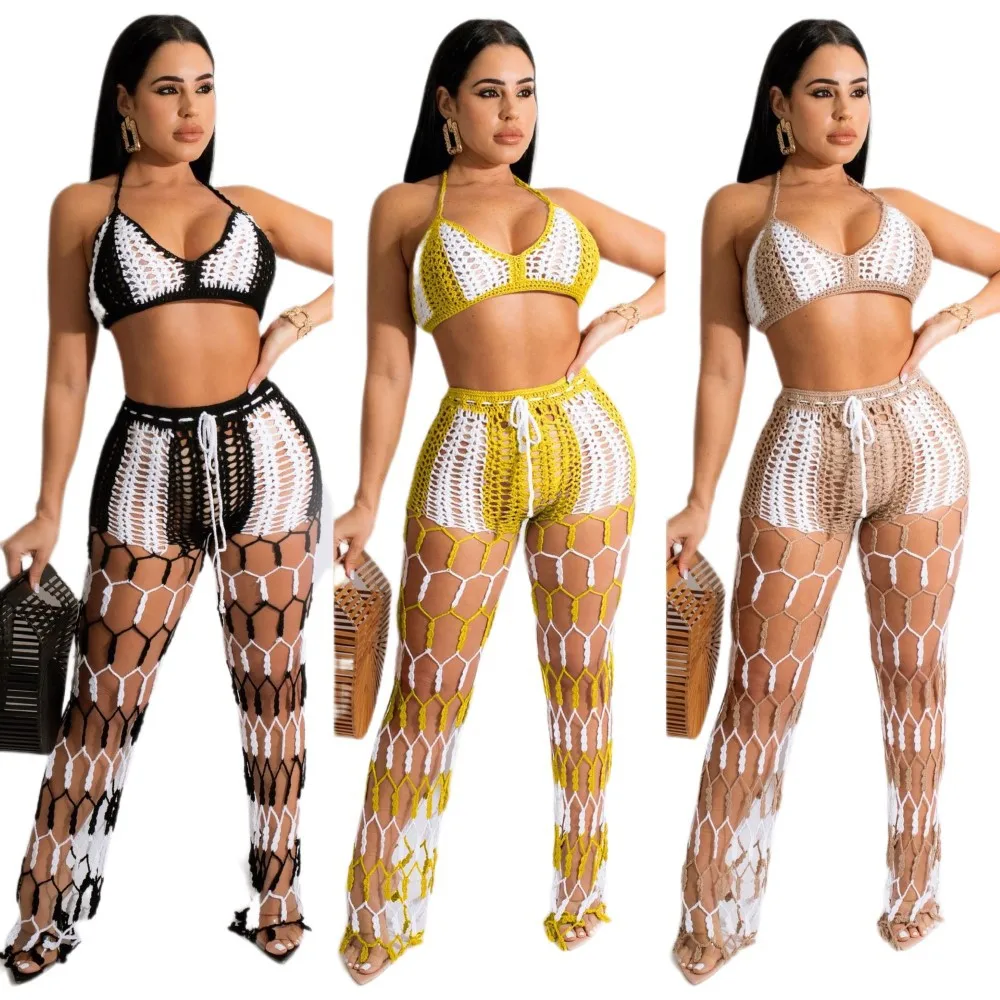 

2022 Women Tracksuit Two Piece Set Hollow Out Bandage Bra+ Long Pants Sportsuit Matching Set Clothes For Women Outfit