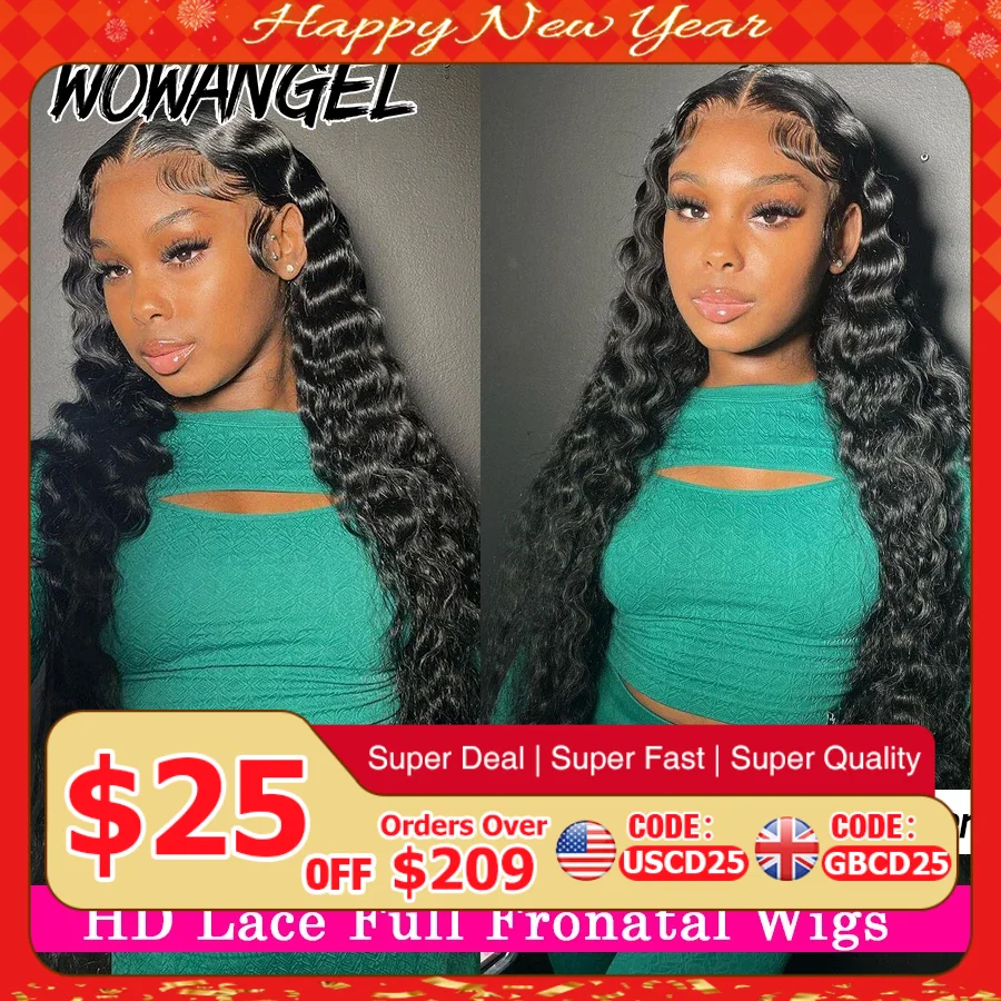 

Wow Angel 34inch Human Hair Lace Frontal Wig Deep Wave 13x6 HD Lace Full Frontal Curly Wigs Melts Skins 250% Natural Pre Plucked