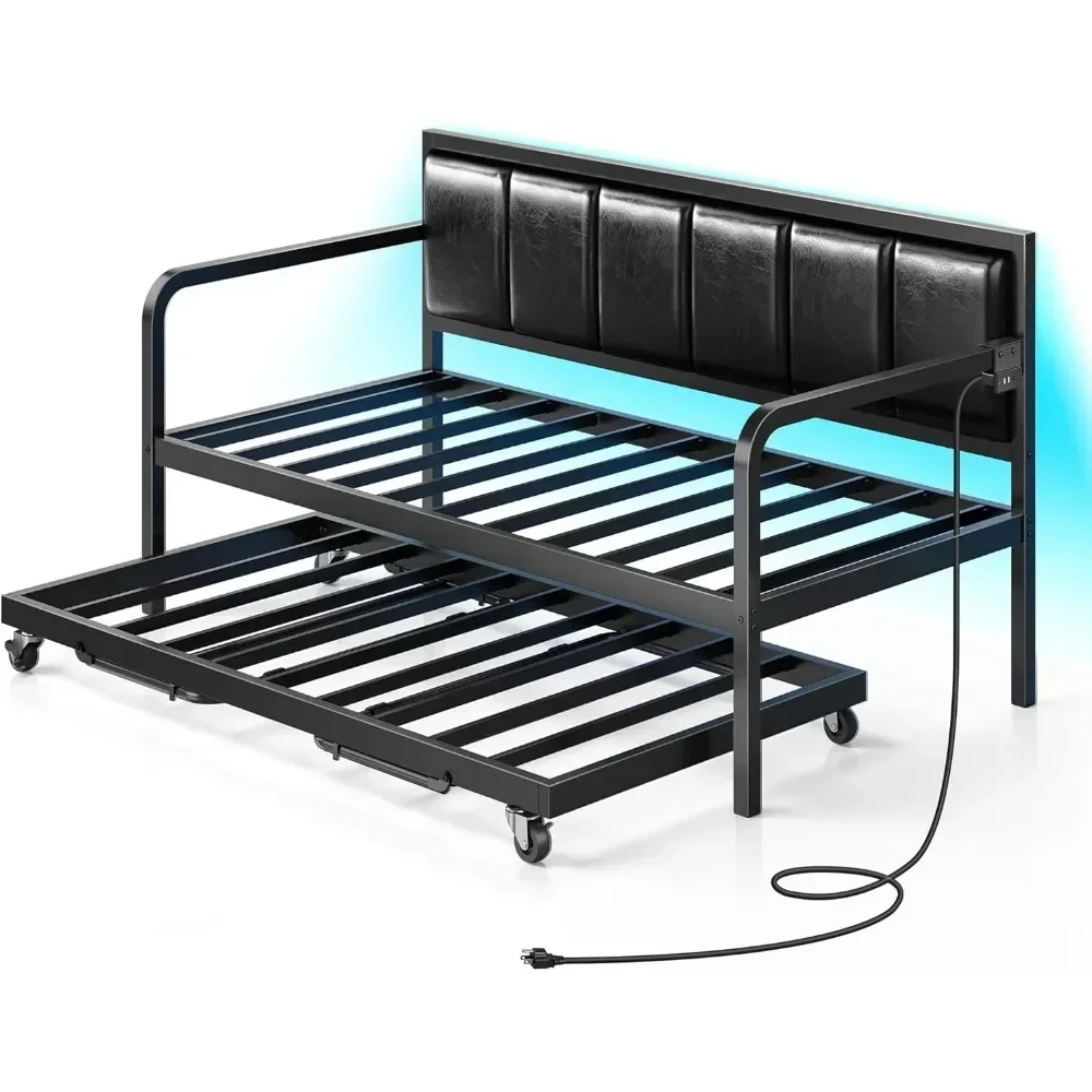 Daybed with USB Charging Station and LED Height Adjustable Twin Daybed with Trundle Upholstered Bed Frame