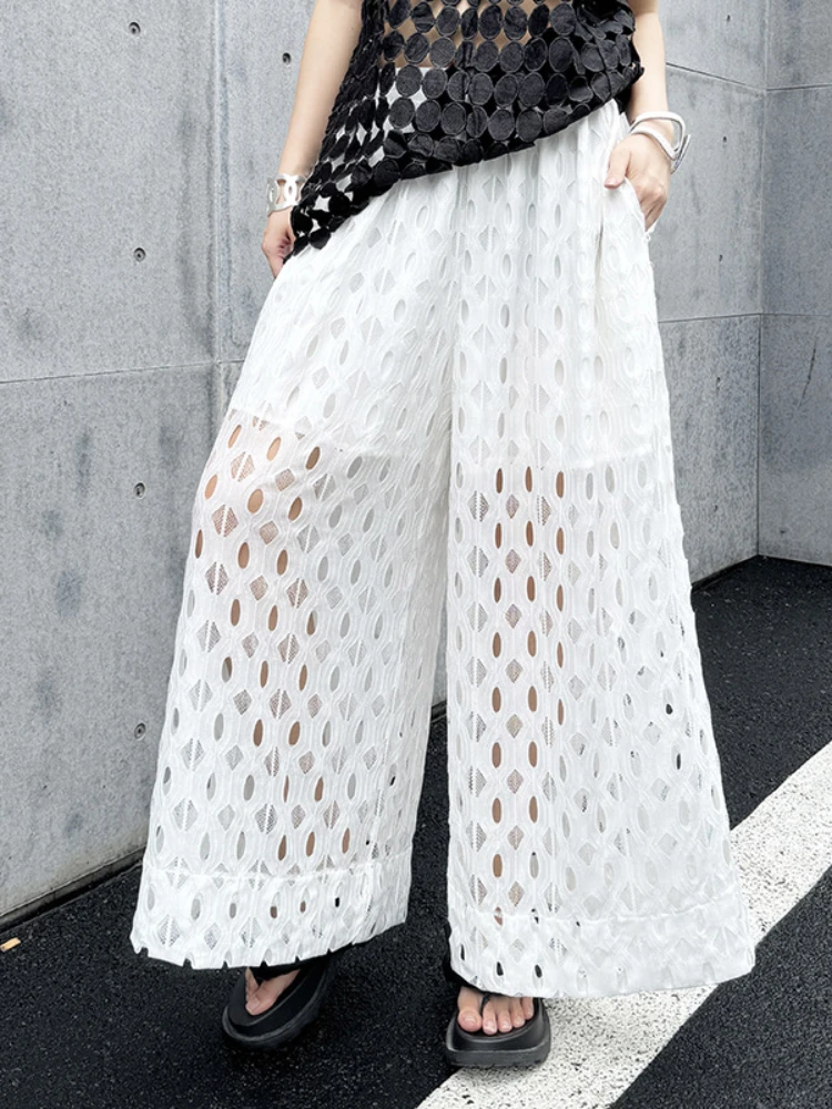 Summer French Lace Hollow Wide Leg Pants Women 2024 Fashion Commuting Elastoic High Waist Loose Slimming Street Casual Trouser