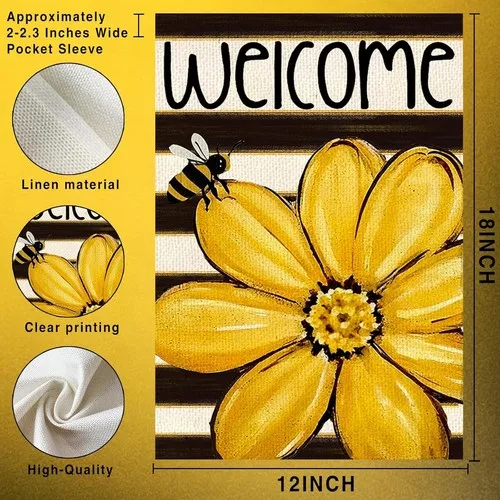 Decorative Welcome Garden Flag, Modern Sunflower Bee Striped Yard Banner YYZ