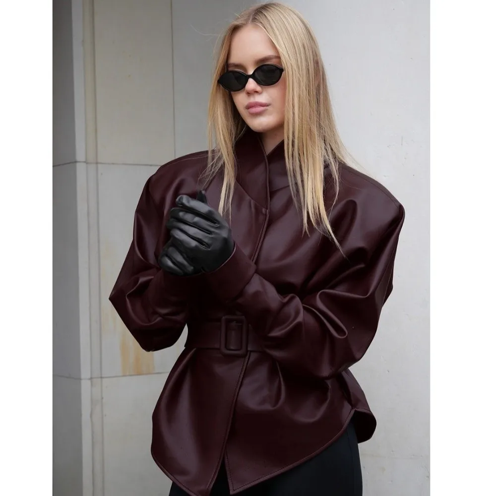 Vintage Leather Jacket Garment Tie Waist Frame Stand Collar Women Fashion Top Cool Street Style Mid Length Cut