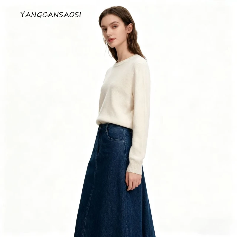 

Женский осенне-зимний теплый новый стиль, 30% кашемир, 70% шерсть, круглый вырез, темпераментный стиль, вязаный нижний свитер