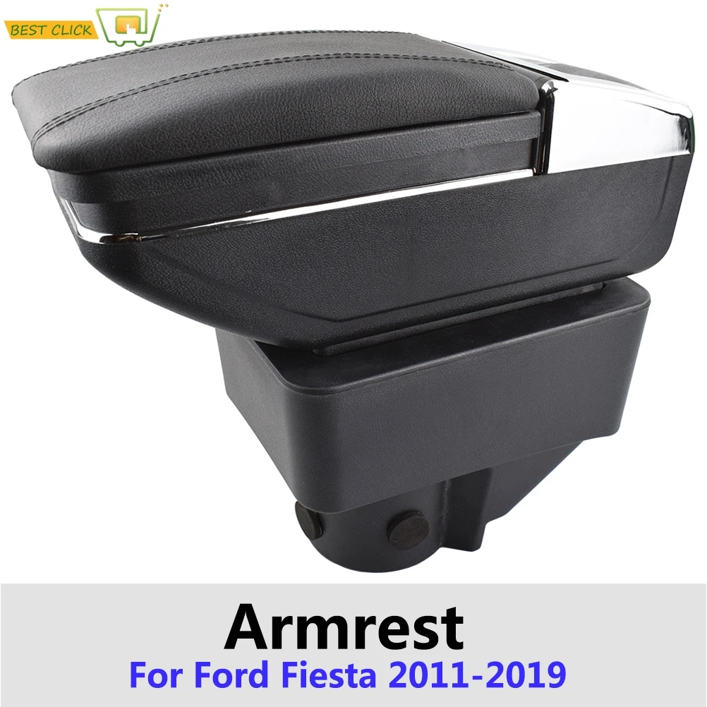 Storage Box For Ford Fiesta 2011 - 2019 Arm Rest Rotatable Cup Holder Armrest Black Leather 2013 2016