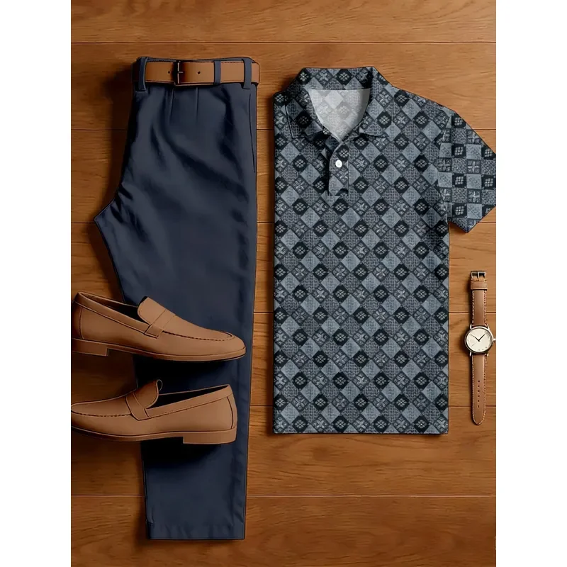 1 top (without pants) Men's short sleeve printed shirt with lapel and button detail casual style comfortable breathable