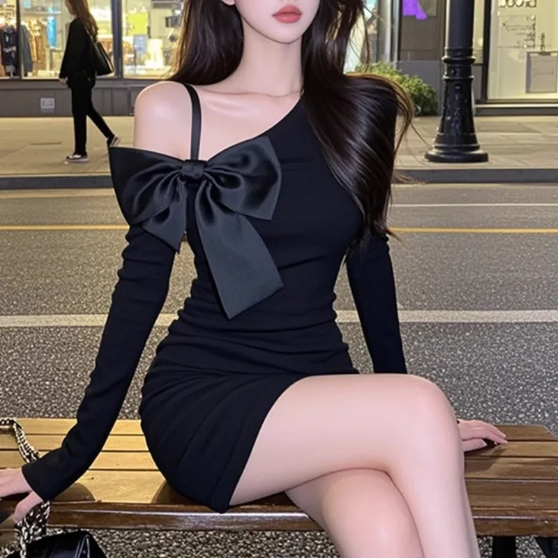 Versione donna nero elegante abito lavorato a maglia con spalle scoperte autunno primavera nuovo festival abiti avvolgenti a maniche lunghe 2025