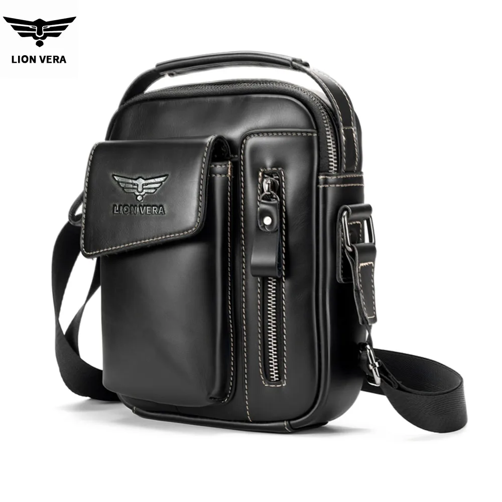 LION VERA Men's Genuine Leather Shoulder Bag 7-inch Tablet Computer Bag Business Commuter Handbag Leisure Messenger Bag