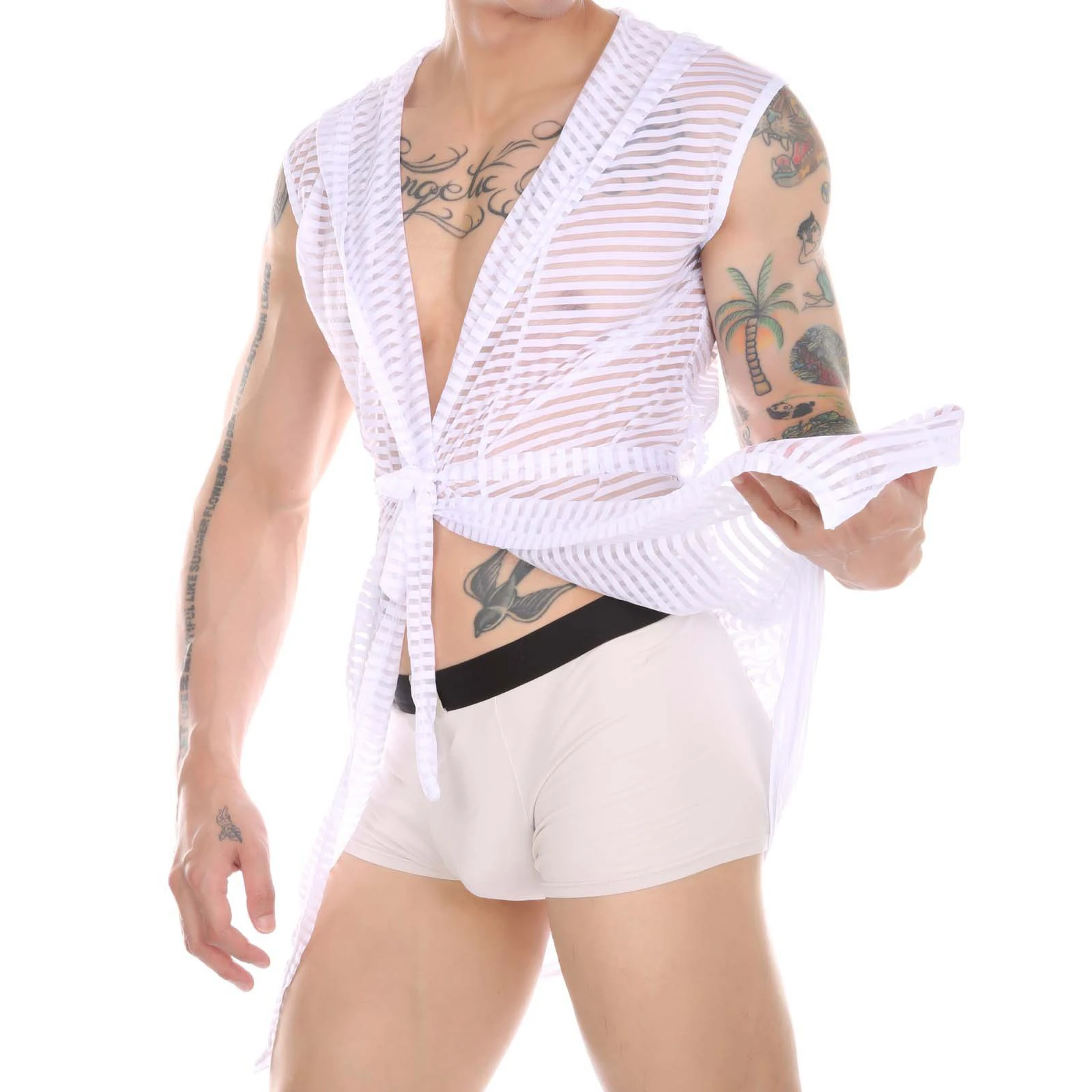 2023 Mens See-Through Striped Hooded Robe with Belt Solid Color Sleeveless Open Front Loose Loungewear for Swimming Pool Bedroom