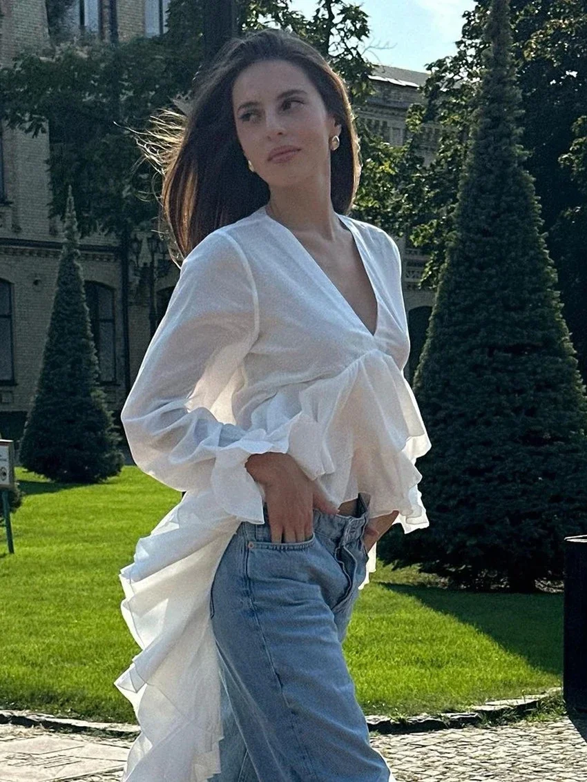 

Sexy Loose White Women's Shirt 2025 Fashion V-Neck Long Sleeve Shirts Elegant Ruffle Irregular Top Female Clothing