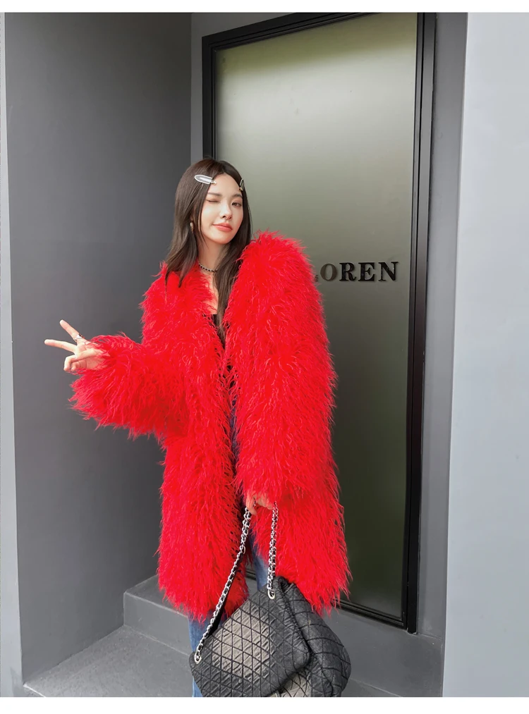 Lady Personalized Faux Fur Coat Female Rose Red Streetwear Long Jacket Women\'s Winter Coats Promotion