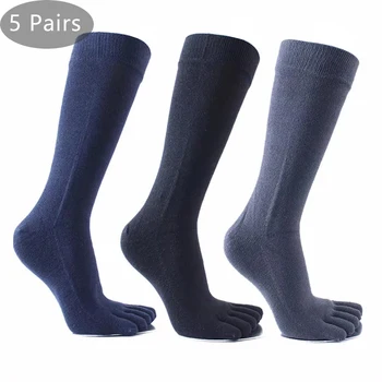 5 pares de calcetines largos de algodón peinado con 5 dedos para hombre, calcetines sólidos de negocios suaves elásticos que absorben el sudor, calcetines antibacterianos para vestido de fiesta