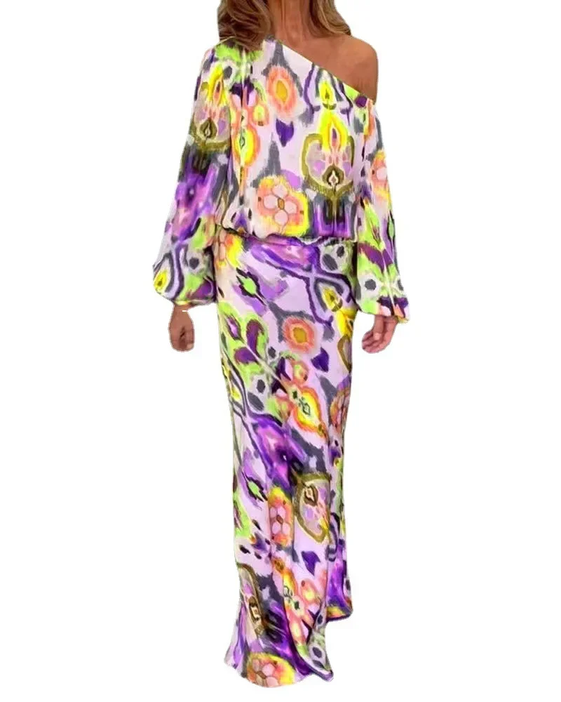 Two Piece Set For Women Color Printed Long Sleeve Slant Collar Tops Slim Skirt Ladie Sets 2023 Autumn New Fashion Elegant MsChuh