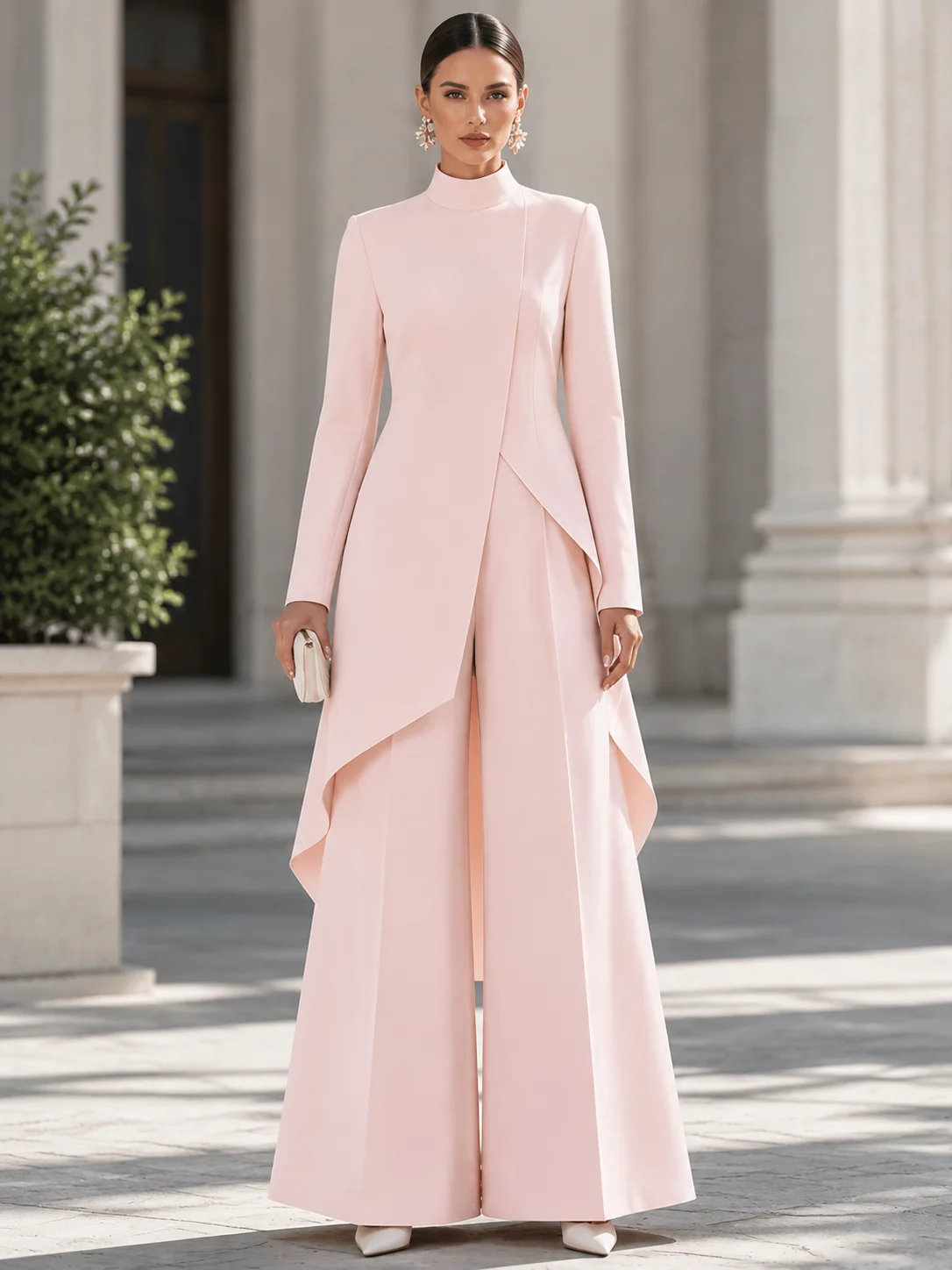 Elegant Elegant Women 2 Piece Pant Suit Turtleneck Long Sleeve Asymmetrical Hem Tunic Wide Leg Trousers Formal Outfit - Aliexpress Deal