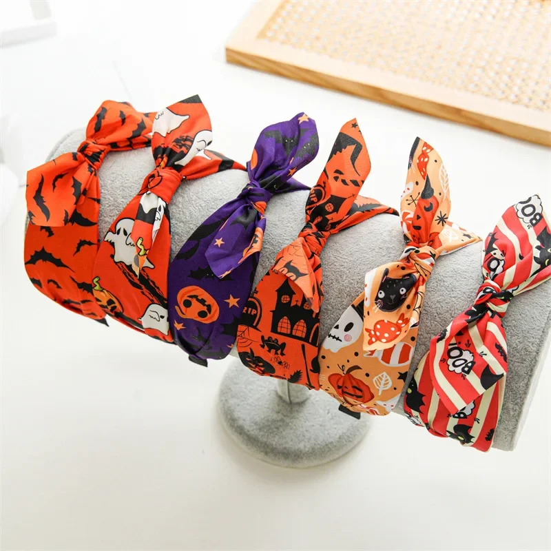 Halloween Skull Pumpkin Fabric Crossed Wide-Format Headband for Girls - Printed for Halloween Ghost Festival Braided Hair Clip