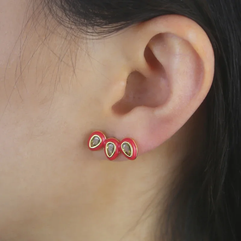 New Fashion Tear Drop Shape Red Ename Bling Cubic Zirconia Paved Charm Stud Earring Fashion Party Wedding Jewelry Gift For Women