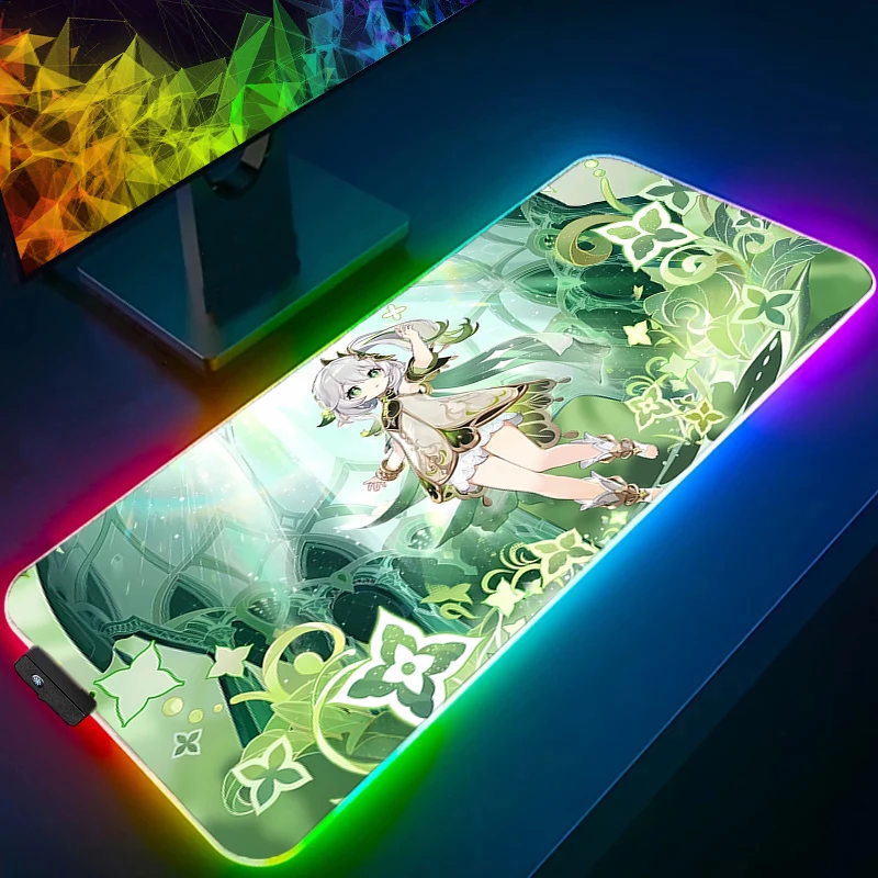 Mouse pad acessórios para jogos rgb computador gamer teclado almofada genshin impacto nahida mesa mouse tapete led pc plantas verdes mousepad