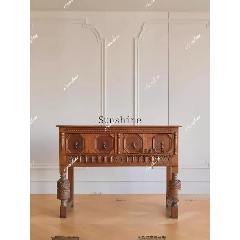 Medieval solid wood carving foyer, entrance cabinet, old case table, high-footed locker  FT