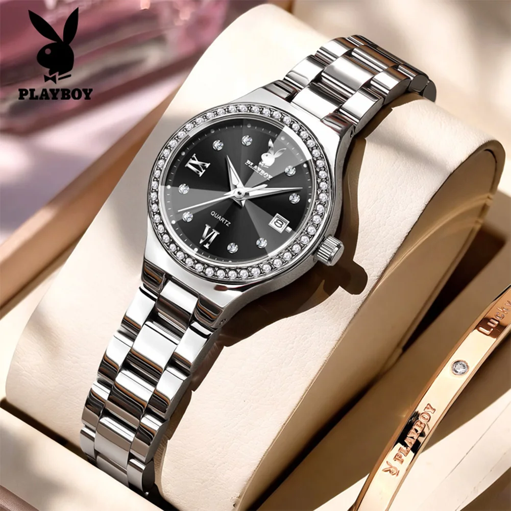 PLAYBOY Luxury Original Woman Quartz Wristwatch Stainless Steel Waterproof Super Luminous Ladies Date Watches For Woman 3129