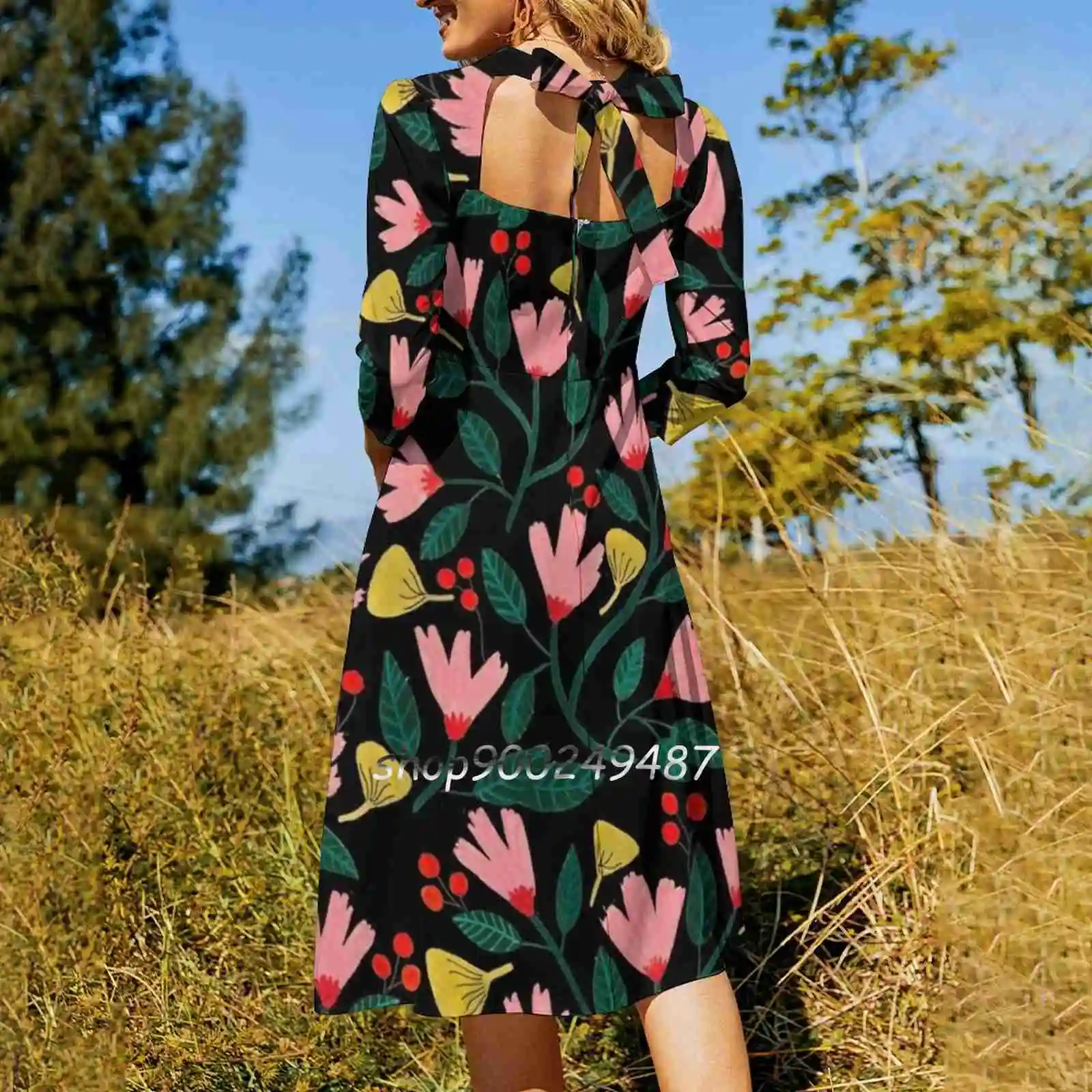 Pink Florals On Black Sweetheart Knot Flared Dress Fashion Design Large Size Loose Dress Gouache Floral Floral Pattern Flowers