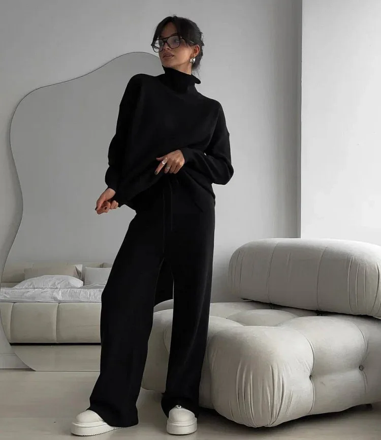 Women Turtleneck Sweater Pants Suit Chic Long Sleeves Loose Pullover New In Matching Sets 2024 Lady Solid Warm Basic Outfits