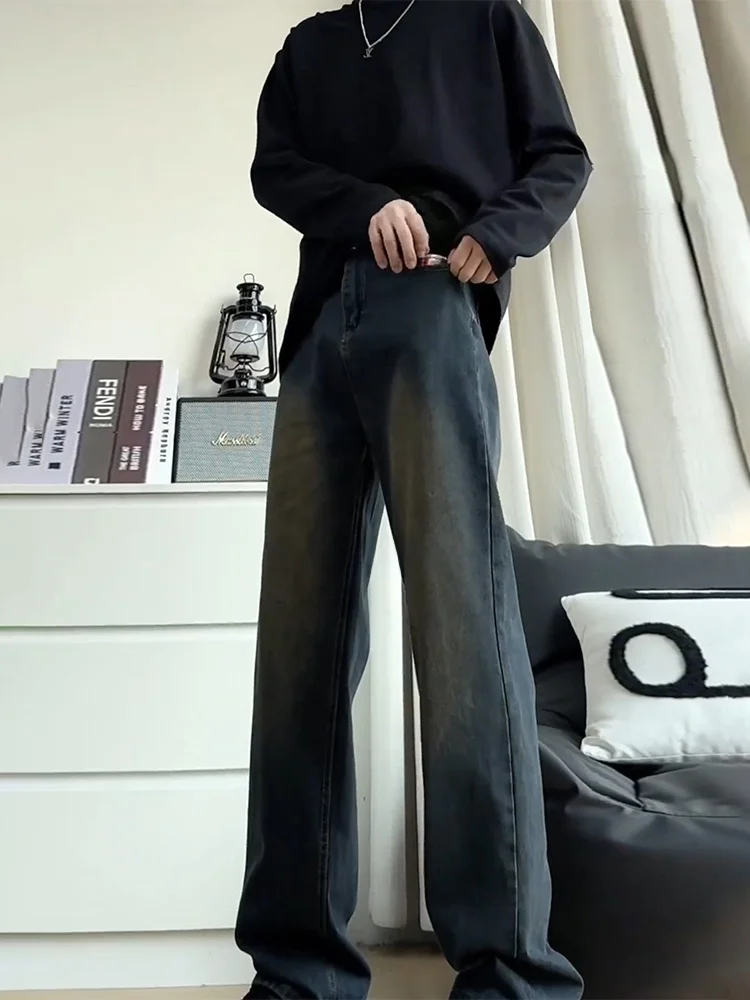 Retro Wa Blue Jeans Men's Elastic Vintage American Straight Loose Tall Micro Flared Pants Youth Trendy Cotton Polyester