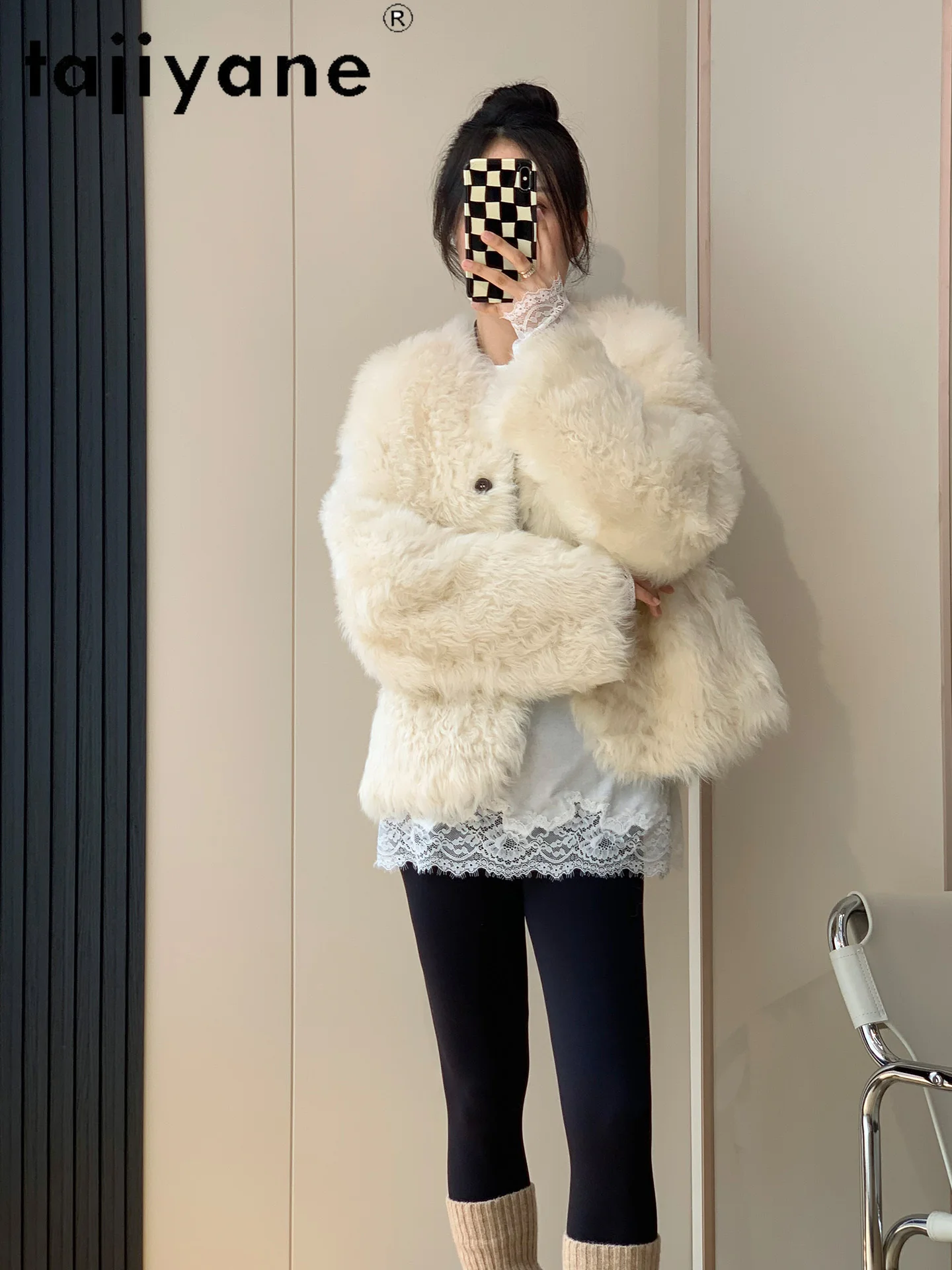 TAJIYANE 100% Tuscany Wool Sheepskin Double Faced Fur Coat Woman Short Beige Real Fur Jacket Women Winter Clothes 2025 шуба