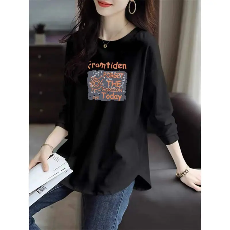 Spring Autumn New Long Sleeve Printing Letter Tops Tees Solid Color All-match Youth Casual T Shirts Vintage Korean Women Clothes