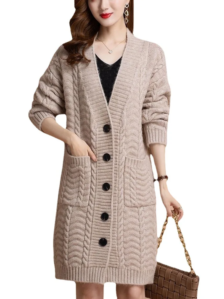 Women Clothing Autumn and Winter Knitting Cardigan Women\'s Medium Long Lazy Literary Loose Sweater Coat