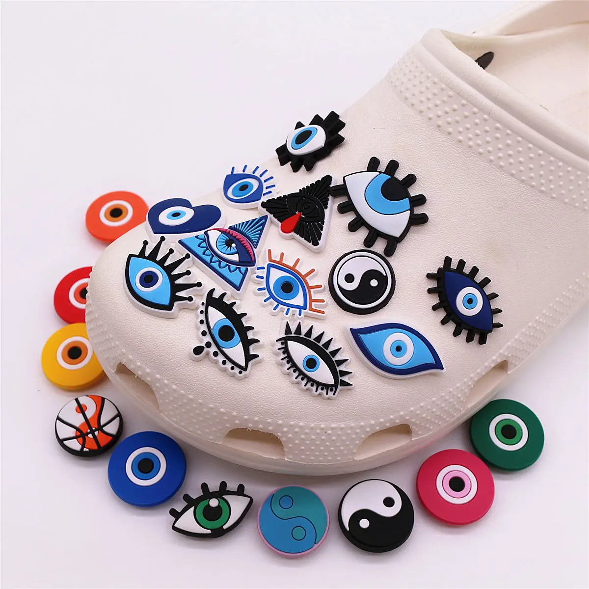 New 1pcs Evil Eye PVC Shoe Charms DIY Tai Chi Shoes Decorate Sandal Buckle Accessories Clogs Pins for Unisex X-mas Cool Gifts