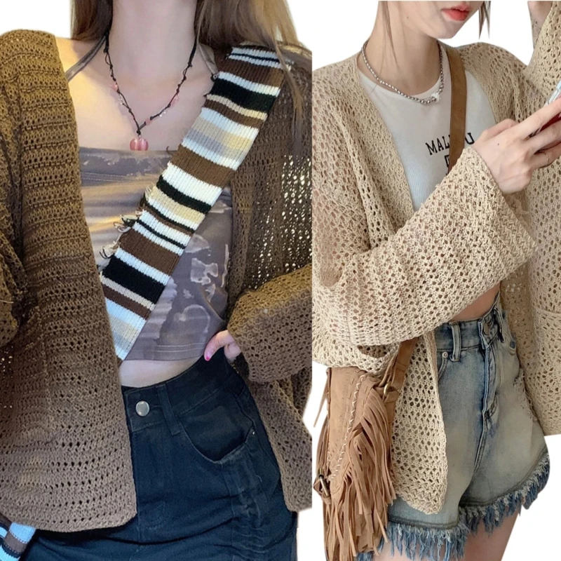 

Trendy and Soft Hollow Out Knit Cardigan Casual Sleeve Open Front Sweater for Everyday Wear