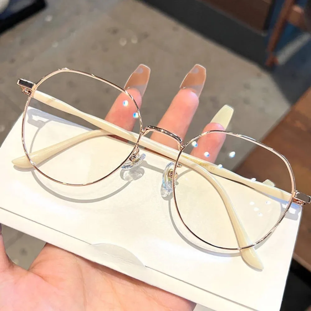 2026Clear Glasses Women Polygonal Metal Frame Eye Glasses 0 Flat Mirror Girls Anti Blue Light Glasses Fashion Eyeglasses