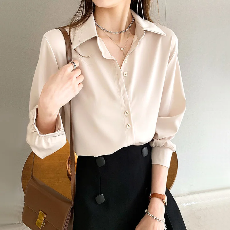 

Solid Color Elegant Casual Long Sleeved Shirts Fashion New Slim Comfortable Turn-down Collar Top Women's Clothing 2023