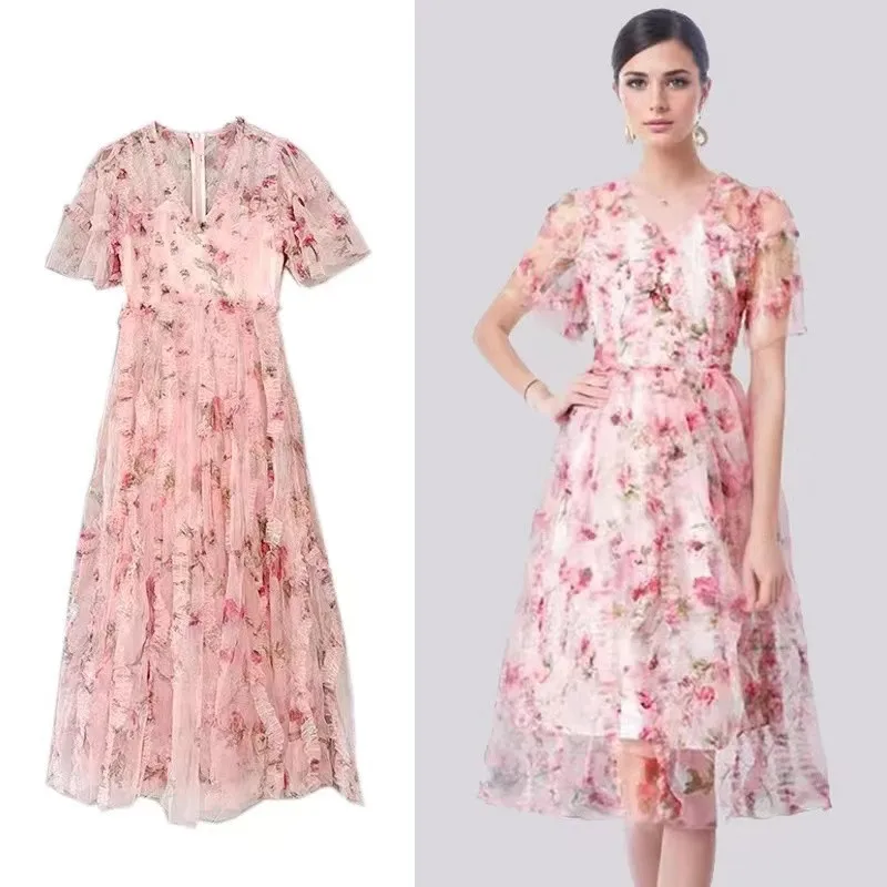 Fashion Runway Spring Summer Pink Floral Mesh Midi Dress For Women V Neck Short Sleeve Flower Print High Waist Holiday Clothes