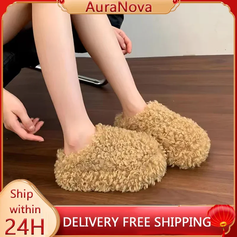 

2025 Women's Fashion Slippers Cover Toe Platform Sole Warm Cotton Slippers Outdoor Autumn and Winter One Kick Thickened Slippers