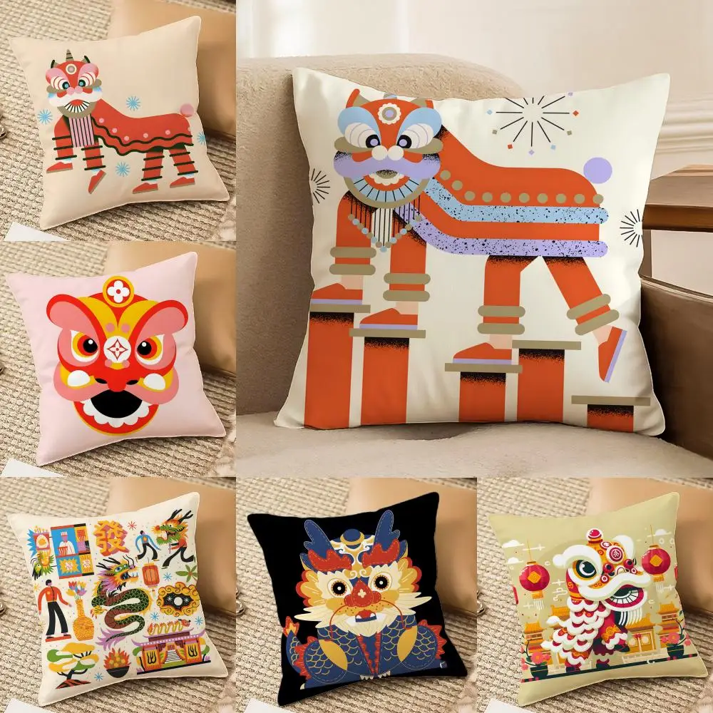 Oriental festive lion print Cushion Cover Silky elegant Comfort Sofa Bed Invisible zipper Beach pillowcase
