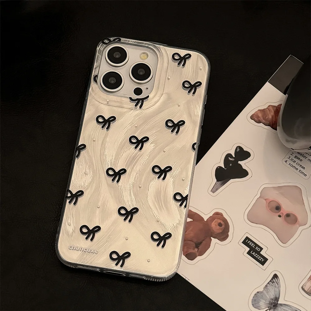Korean Full Screen Black Bowknot Pattern Phone Case For iPhone 17 Air 16 15 14 13 12 11 Pro Max Shockproof Protective Hard Cover
