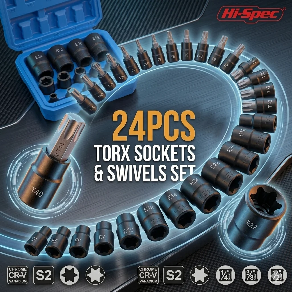 

Набор ударных торцевых головок Hi-Spec 1/4, 3/8, 1/2 дюйма, с поворотными головками, в кейсе для авторемонта, ручной набор инструментов