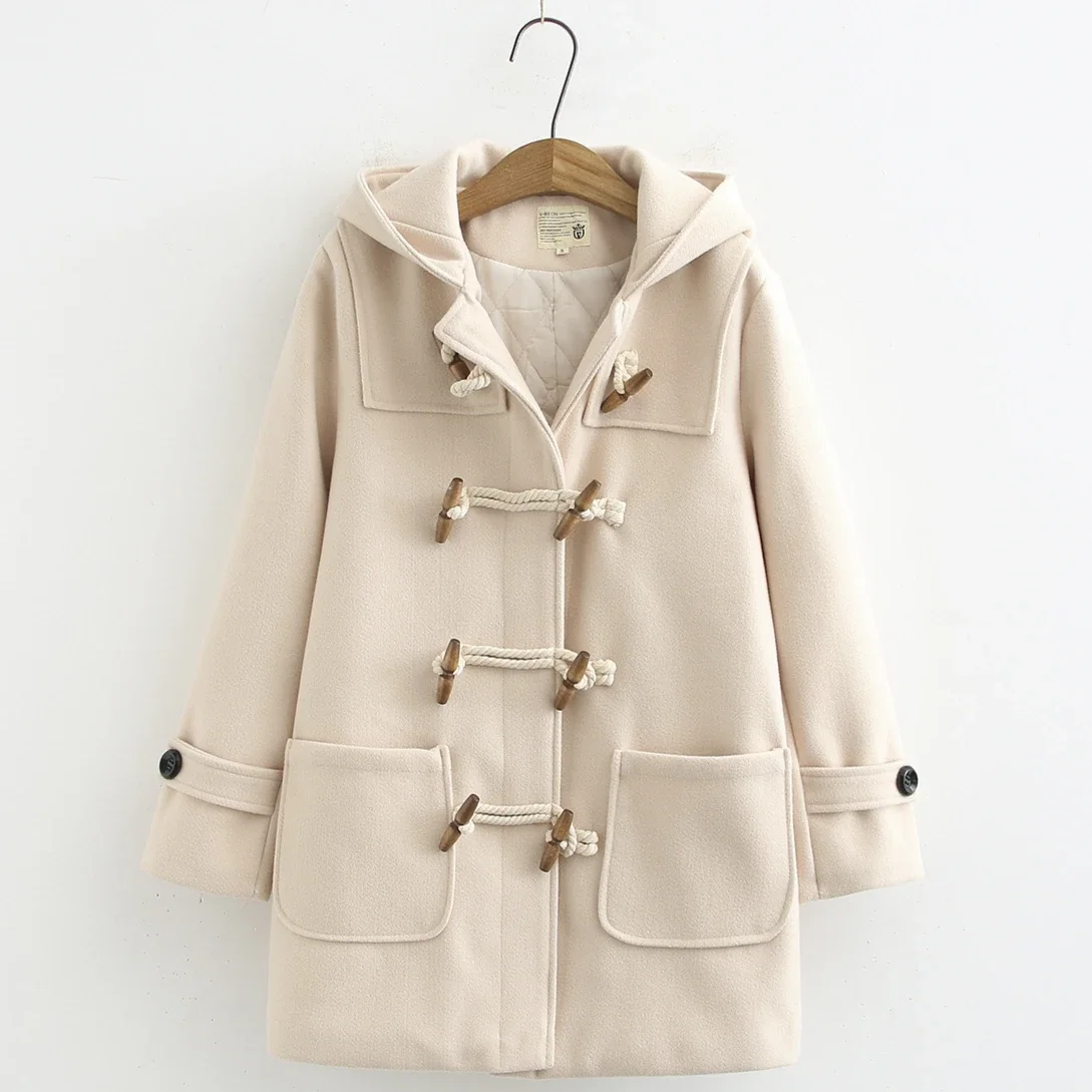 New Preppy Hooded Duffle Coat Wood Toggle Button Pockets Loose Fit Mid Length Thick Warm Fall Korean Lady Pink Outerwear Coats