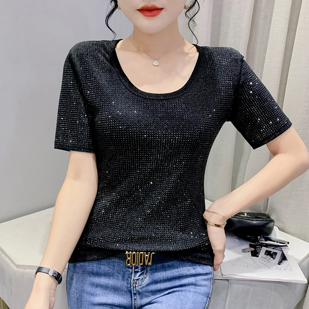 Summer European Clothes T-Shirt Chic Sexy Shiny All Diamonds Women Tops Short Sleeve Bling Hand Make 2022 Tees