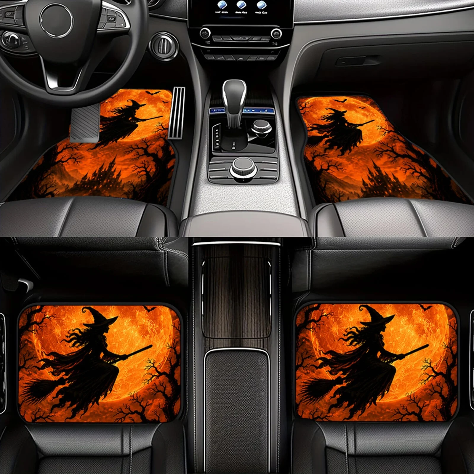 4pcs Polyester Fiber Car Floor Mats with Halloween Witch Flying Silhouette Print, Spooky Orange Moon Art, Universal Car Interior