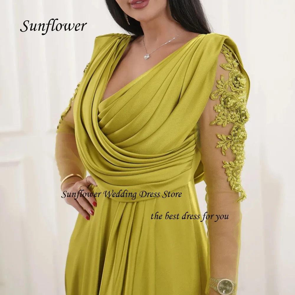 Abito da sera formale con scollo a v girasole 2023 abito da ballo in Chiffon sottile Appliques in pizzo manica lunga a-line abito Pary lungo fino al pavimento