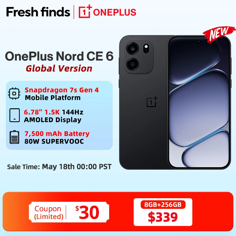 Мировая премьера смартфона OnePlus Nord CE 6 Global Version с 6,78-дюймовым AMOLED-дисплеем 1.5K 144 Гц, процессором Snapdragon 7s Gen 4 и батареей 7500 мАч.