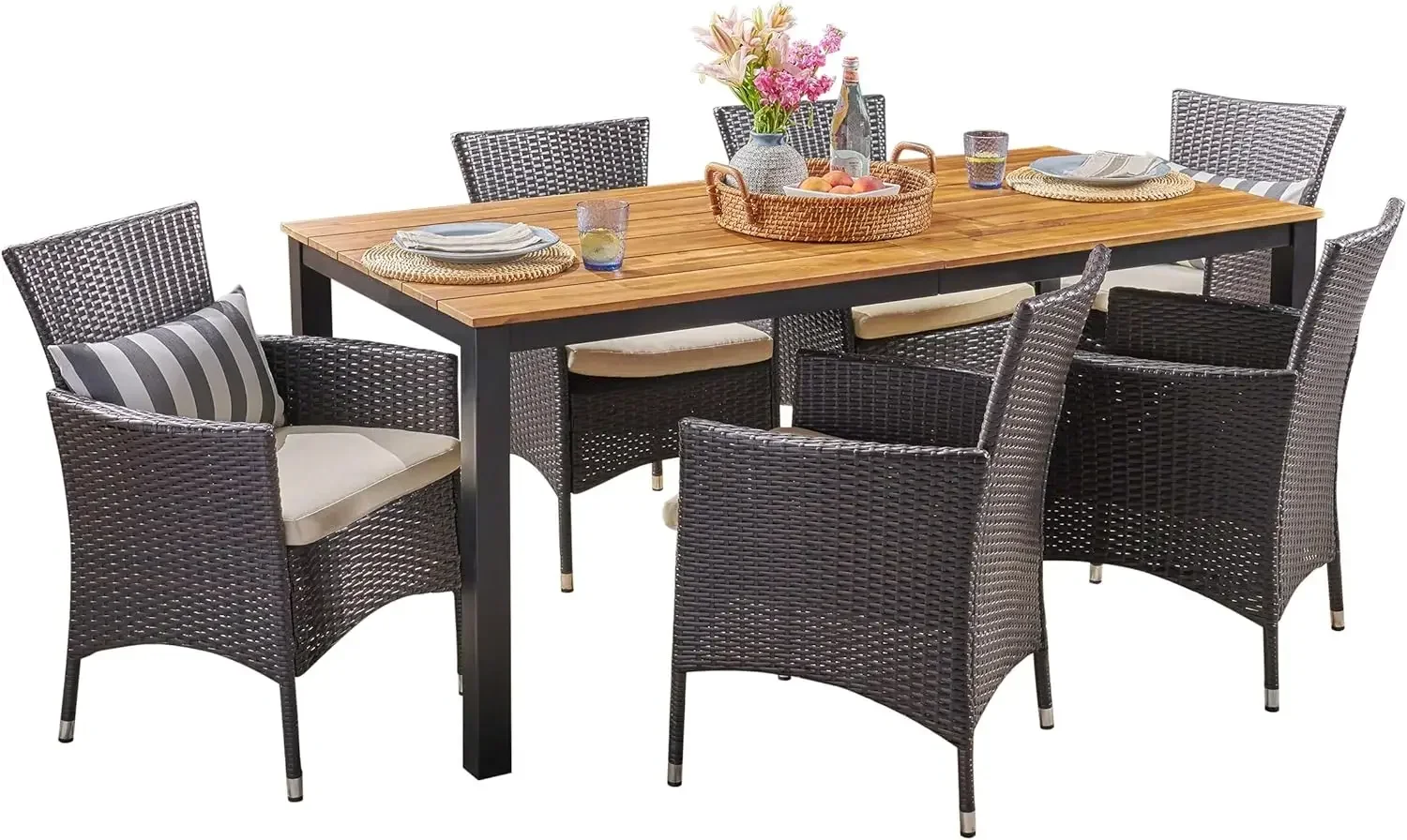 Dane Outdoor 7 Piece Acacia Wood Dining Set with Wicker Chairs, 23.25 