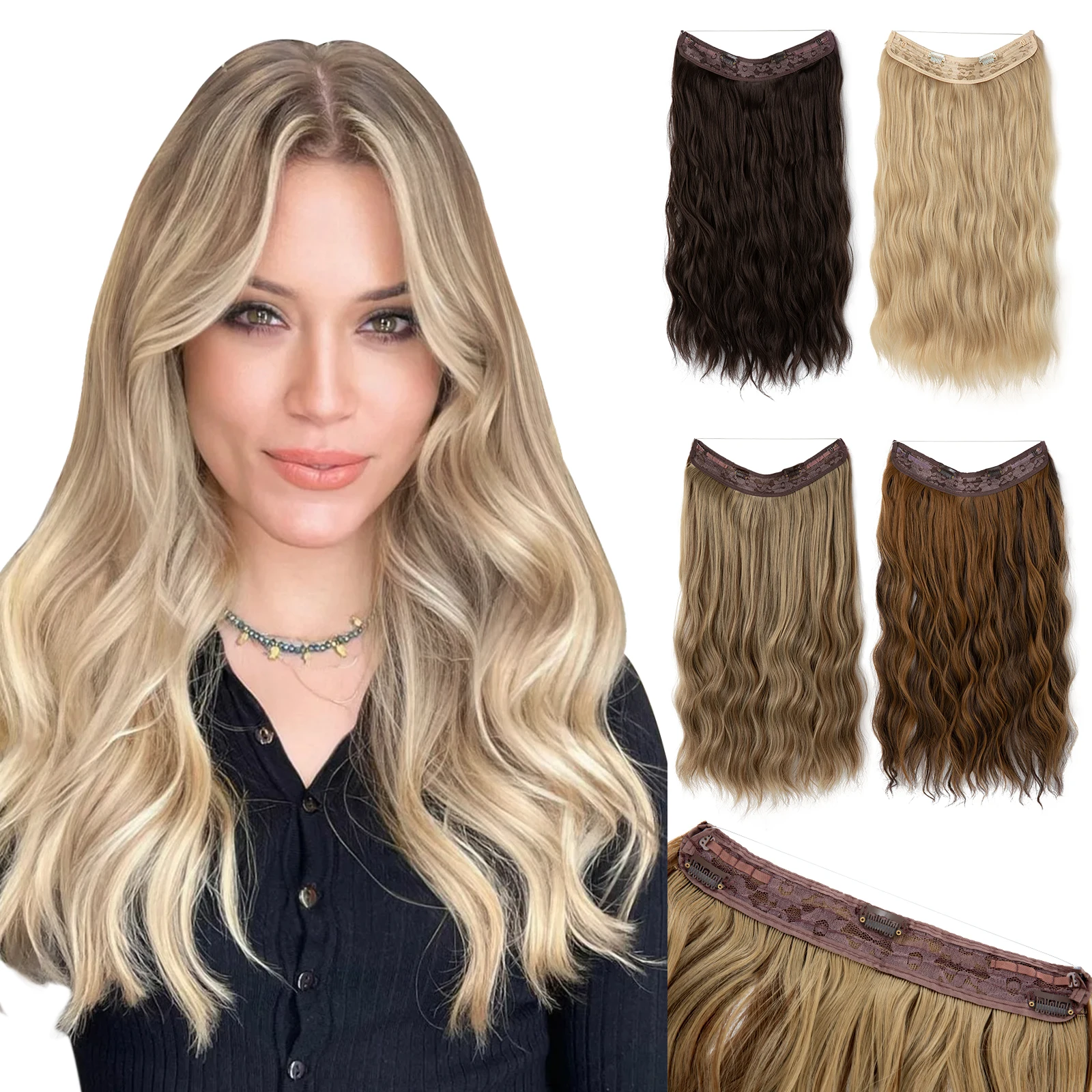 

Синтетическая волна, невидимая проволока с зажимами для наращивания волос, рыбья леска, натуральная блондинка, заколка для волос, искусственная часть волос