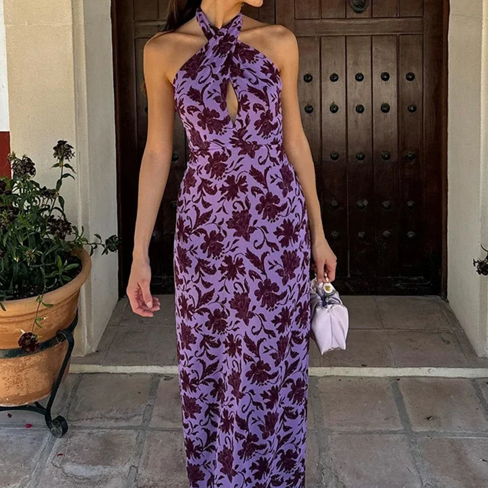 レディース向けサマーファッション エレガント カットアウト ノースリーブ ホルターネック マキシ丈 カジュアル シフトドレス