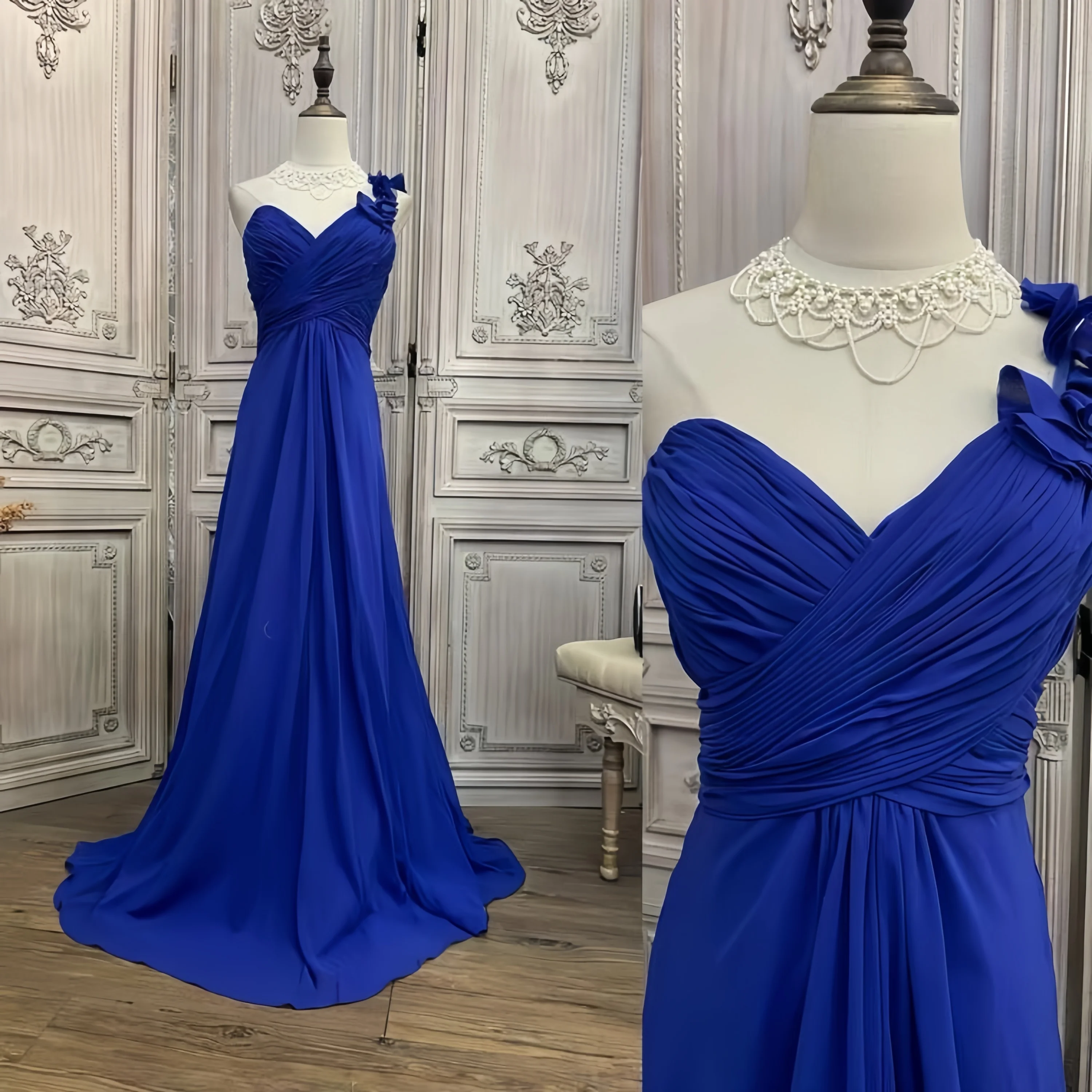 

Temperament Blue Chiffon Ball Dress One-Shoulder Sweetheart Neckline A-Line Pleated Backless Formal Occasion Evening Dress