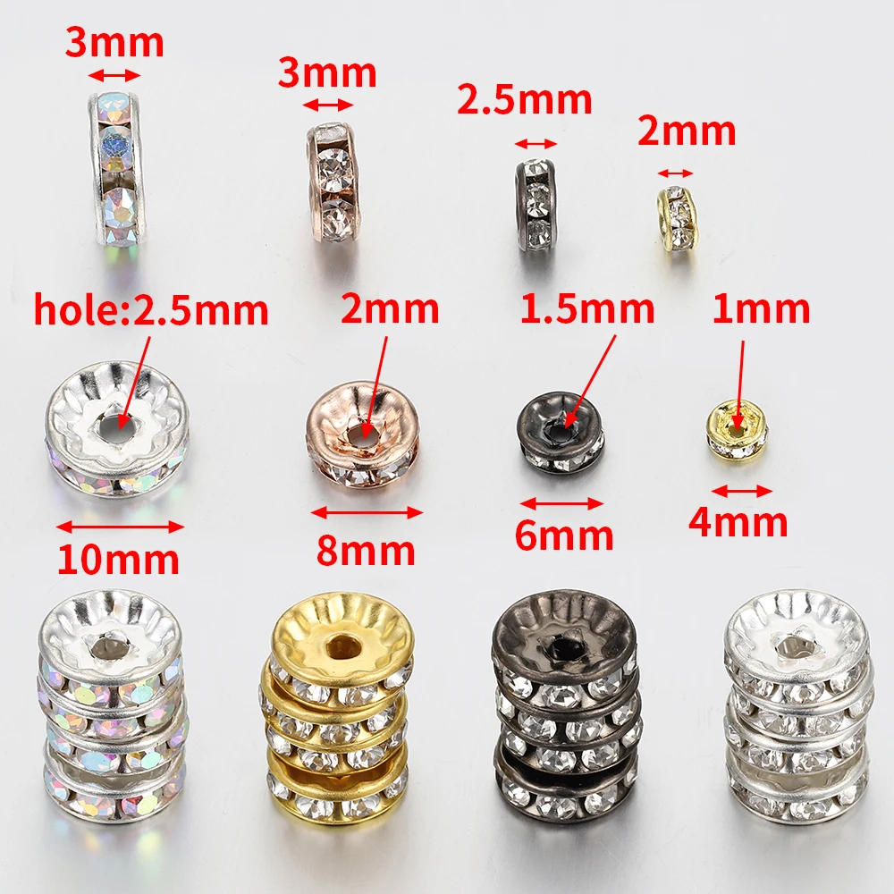 100pcs 4/6/8/10mm Rhinestone Inlaid Spacer Beads Alloy Wheel Beads for DIY Bracelets Necklaces Clothing Jewelry Accessories