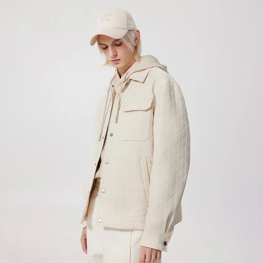 

Dolca Homme Men's Luxury Cotton Jaet with Multiple kets Warm Flannel Collar Quilted Plaid Design Faionable Urban Sle