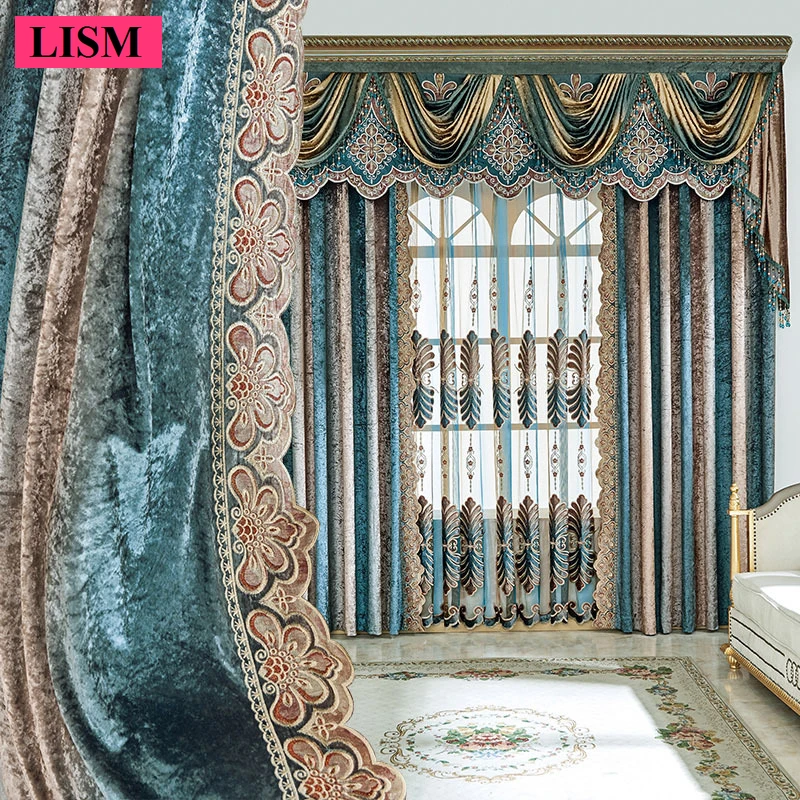 

Vertical Gradient Laser Velvet European Living Room Dining Room Bedroom Decoration Luxury Curtains Embroidered Valance Custom