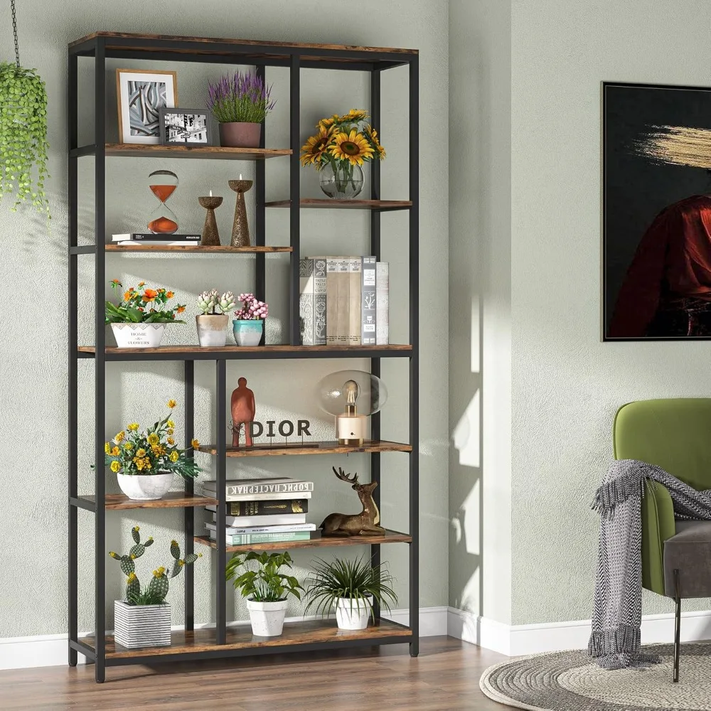 8-Tier Staggered Bookcase, Modern Freestanding Open Book Shelves, Wide Wood Etagere Shelving Unit Display Shelf for Living Room